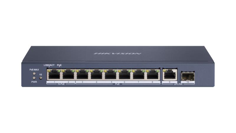 HikVision Switch L2, Unmanaged, 8 Gigabit RJ45 PoE ports, 1 Gigabit RJ45, 1 Gigabit SFP uplink port, 802.3af/at/bt, port 1-2 support Hi-PoE 90w, PoE power budget 110W, ports 7-8 support up to 300meter, 6KV surge protection, supports POE watchdog, port isolation