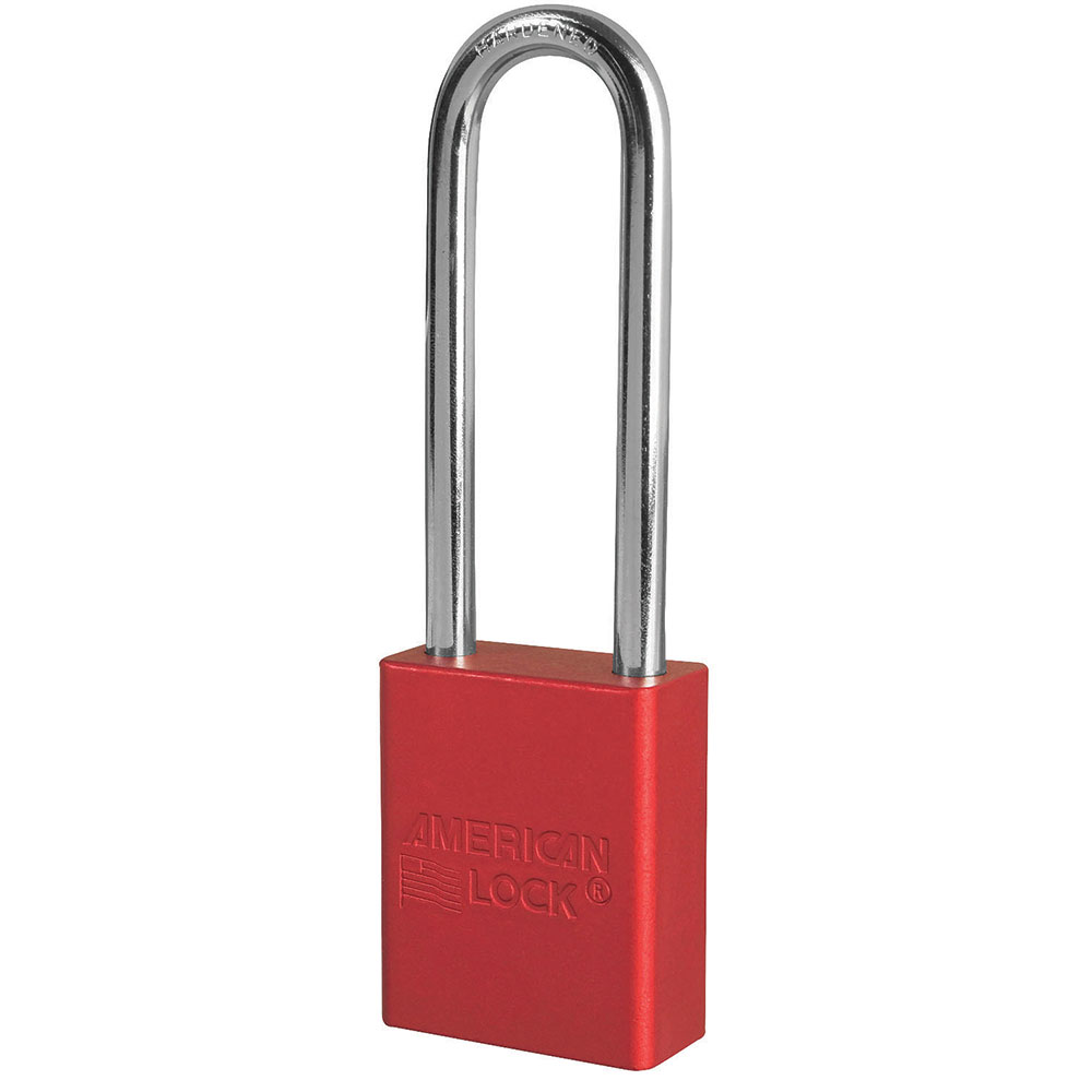American Lock Red Anodized Aluminum Safety Padlock, 1-1/2in (38mm) Wide with 3in (76mm) Tall Shackle, 6-pin Cylinder, Master Keyed System SS