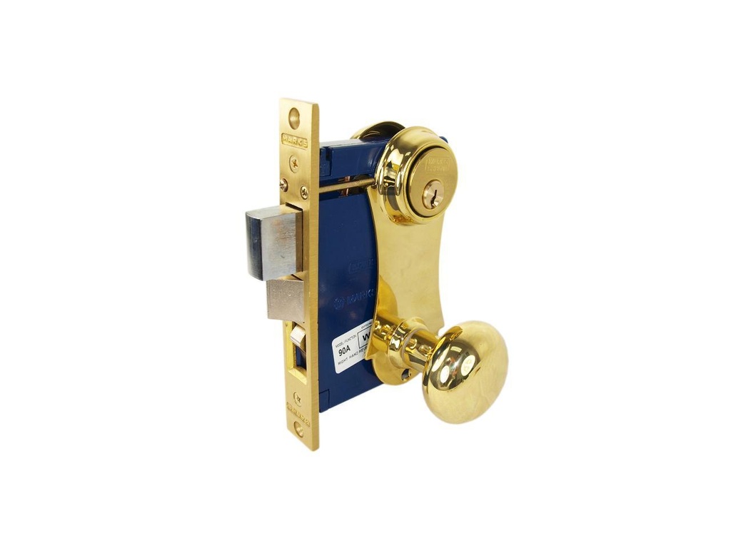 Marks 21AC/3-W-LHR Polished Brass US3 Left Hand Reverse (Out-Swinging Door) Ornamental Unilock Knob/Plate Mortise Entry Lockset Iron Gate Door Double Cylinder Lock Set