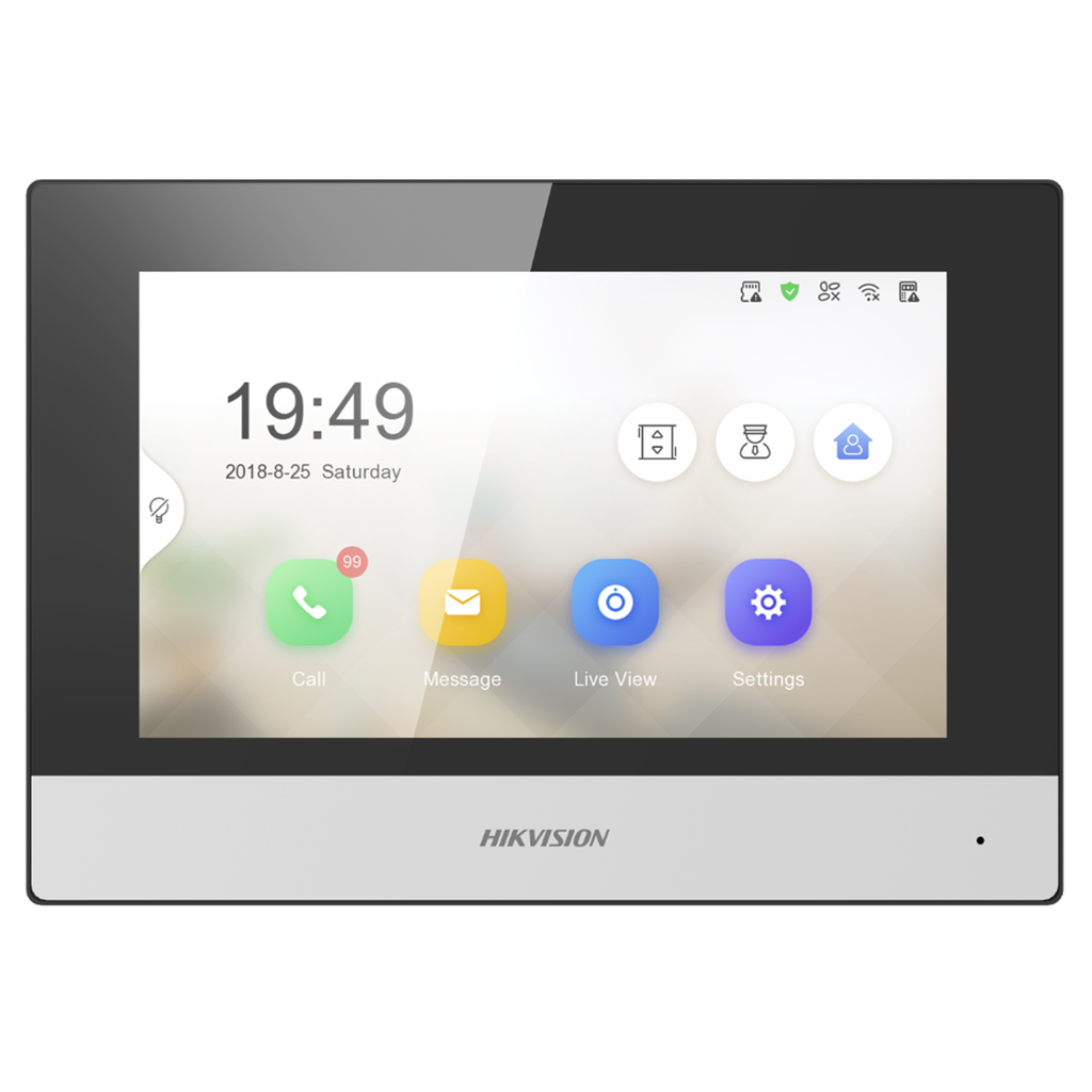 HikVision 7" TFT Touchscreen Indoor Station/1024×600 Resolution/Standard PoE/12VDC/Up to 32GB MicroSD Card Supported/Wi-Fi 802.11b/g/n/8-ch alarm inputs/2-ch alarm outputs