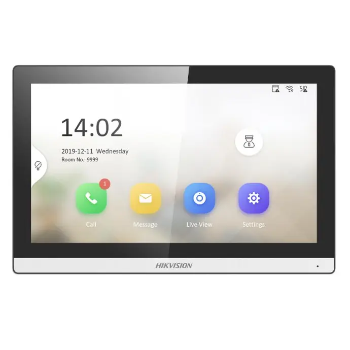 HikVision Easy UI V2.0: User friendly design/7-inch colorful touch screen with resolution 1024 × 600/Standard PoE/Stores messages and capture pictures in the MicroSD card/Remote unlocking via the client software or the mobile client/Views live videos of door stations and linked cameras