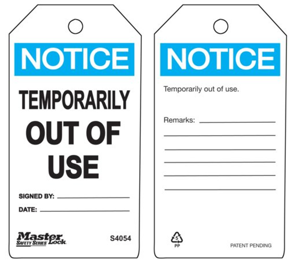 Master Lock S4054 Safety Tag - Temporarily Out Of Use Notice Tag