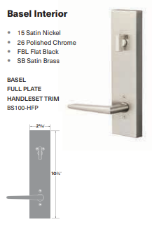 [BS100-HFP 15] Ridgecrest by Sure-Loc Basel Full Plate Interior Trim for Handleset 15 Satin Nickel