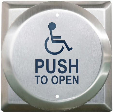 [CM-41/4] Camden CM-41/4 4" 4-1/2" Round Push Plate Switch w/ Square Back Plate 'WHEELCHAIR' symbol and 'PUSH TO OPEN'