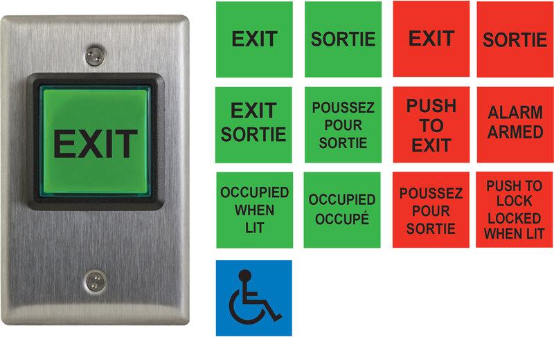[CM-30C] Camden CM-30C (13) English and French insert labels, 12V - 28V LED Illuminated (Red and Green): 'Push to Exit', 'Exit', 'Occupied When Lit', bilingual versions and wheelchair symbol.
