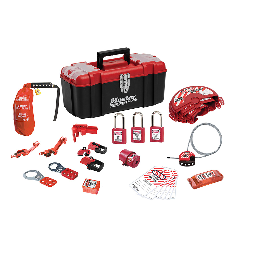 [1457VE410KA] Master Lock 1457VE410KA Lockout Toolbox with Standard Valve and Electrical Device Assortment and three Zenex™ Thermoplastic Padlocks, Keyed Alike 