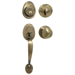 [HDLBC0605KA4] Master Lock HDLBC0605KA4 Residential Entrance Handle Set W/Biscuit Knob Antique Brass Kwikset Keyway