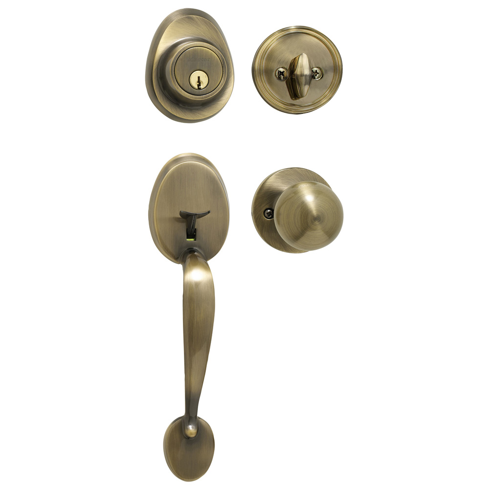[HDLBC0605KA4W] Master Lock HDLBC0605KA4W Residential Entrance Handle Set W/Biscuit Knob Antique Brass Weiser